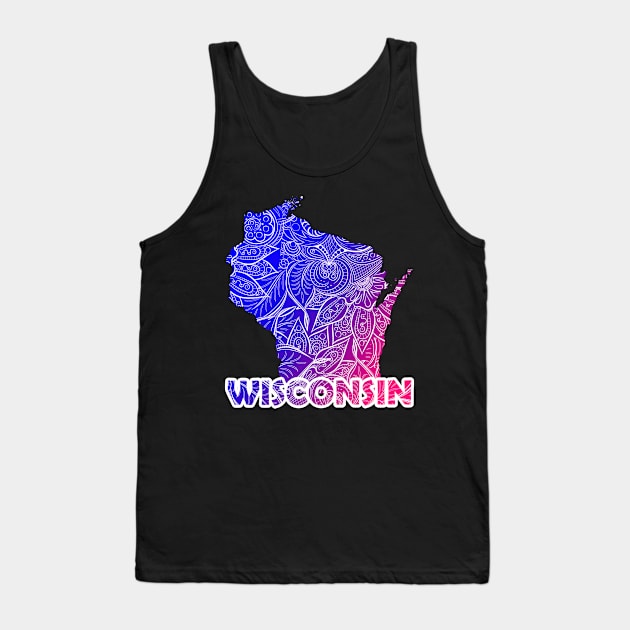 Colorful mandala art map of Wisconsin with text in blue and violet Tank Top by Happy Citizen